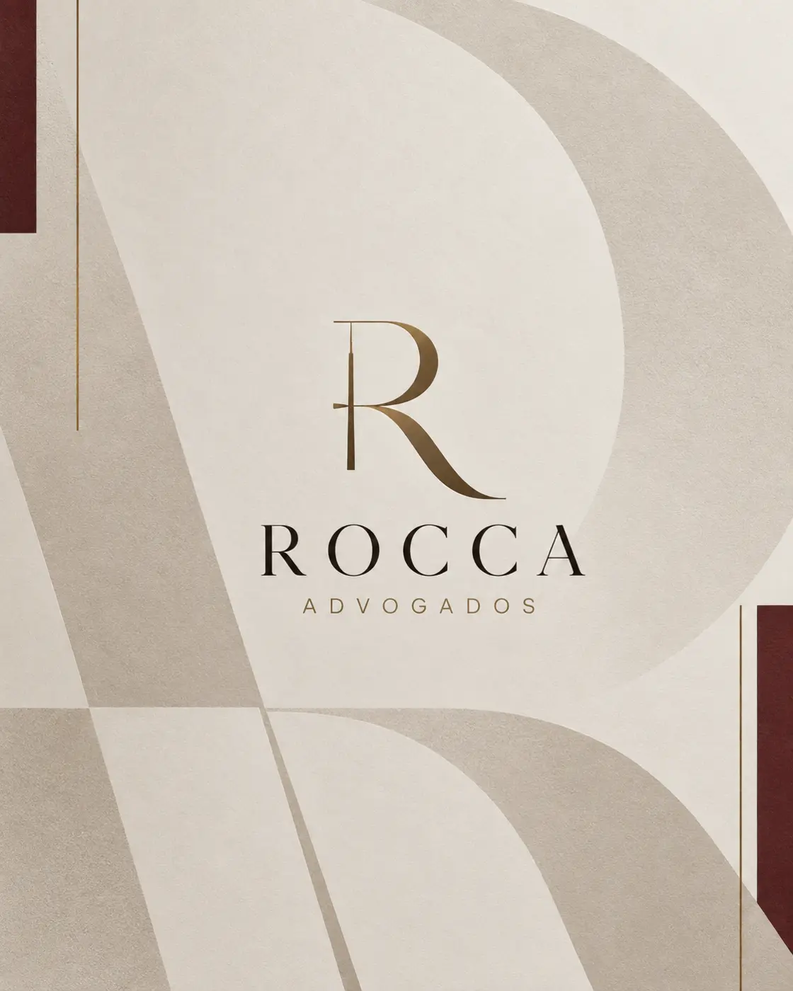 Identidade visual ROCCA ADVOGADOS em tons de vinho, dourado e areia